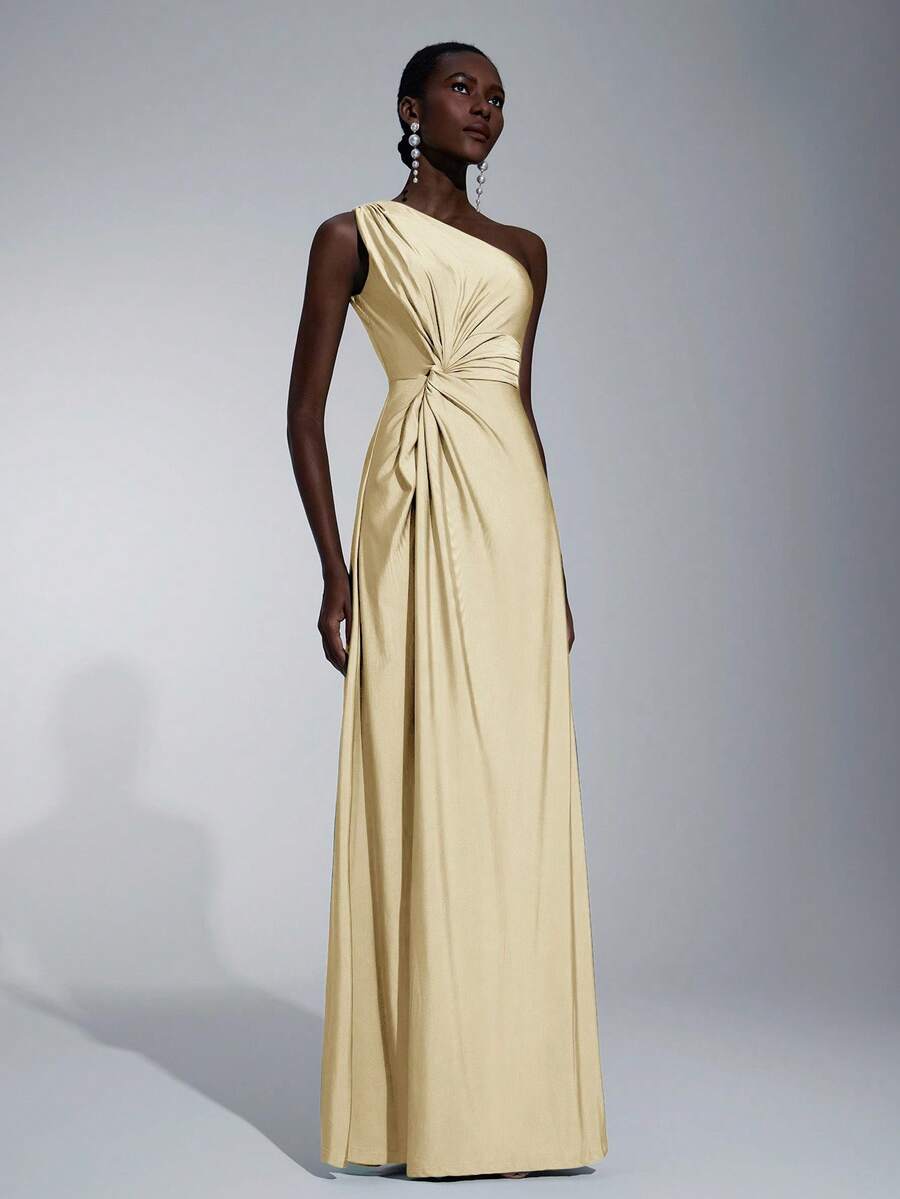 SHEIN Belle 女士浪漫优雅黄色弹力针织面料单肩扭纹宽松A字型伴娘礼服 - 黃色 - 查看 1