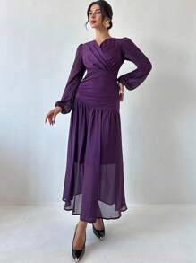 Firerie Vestido elegante de mujer con cuello en V, manga farol y fruncido en unicolor