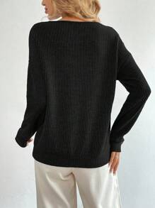 SHEIN LUNE Women's Solid Color V-Neck Drop Shoulder Long Sleeve Casual Loose Sweatshirt, Autumn Fall Cloth For Women - Black - View 2