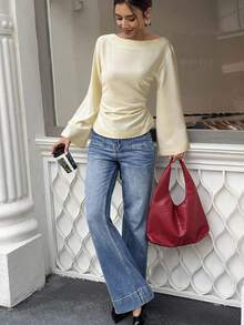 Selianne 女士秋冬工作/办公室女士工作衬衫收腰喇叭袖衬衫鹅黄色