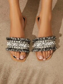 SHUZIA Women's Rhinestone Decorated Fringe Flat Sandals - Black - View 5