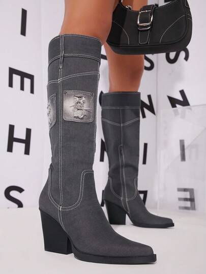 SHUZIA Ripped Patched Block Heel Boots