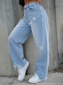 SAYEHFBABY 女式休闲做旧毛边洗水牛仔裤 - 淺色水洗藍 - 查看 6