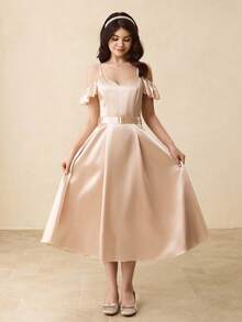 少女荷叶边拼接腰部 A 字型优雅派对、返校、圣诞节、万圣节连衣裙 - 杏色 - 查看 4