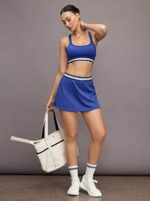 Activina 女士条纹腰口袋休闲健身运动裙裤 - 藍色 - 查看 4