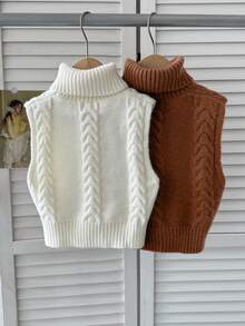 SHEIN Serisse Kids Tween Girl 2pcs Sleeveless Woolen Twist Turtleneck Knitted Top, Solid White & Coffee Brown, Fall Winter Clothes - Multicolor - View 4