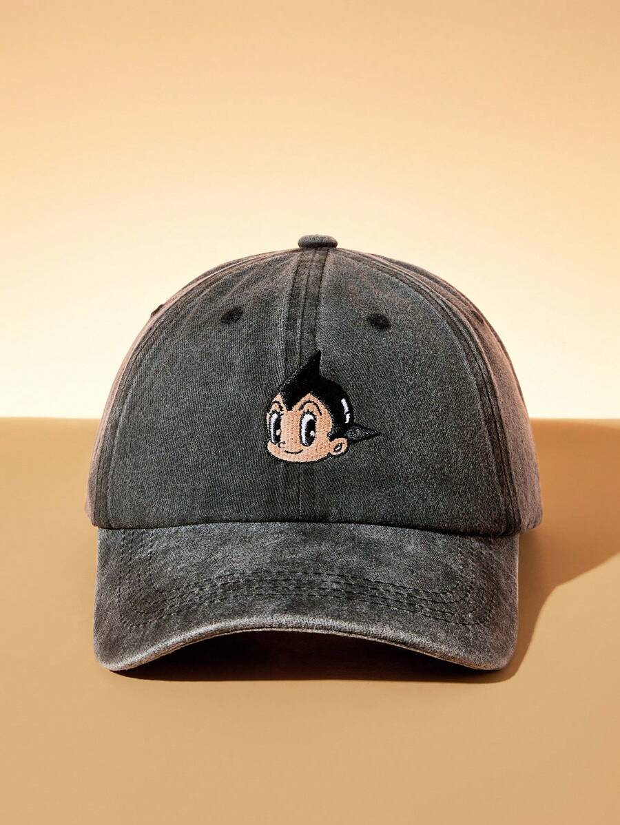 Astro Boy X SHEIN Klassische, lässige, alltagstaugliche Streetstyle Baseballkappe mit Cartoon-Grafik-Stickerei, stilvoller Sonnenschutz-Accessoire - Schwarz - Übersicht 1