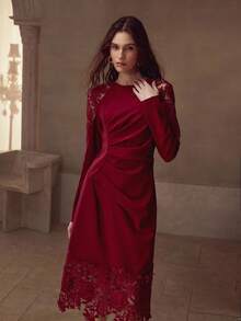 MOTF PREMIUM CONTRAST LACE RUCHED DRESS - Burgundy - View 4