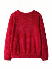 Paul Frank X SHEIN 女式卡通刺绣圆领长袖套头衫 - 紅色 - 查看 2