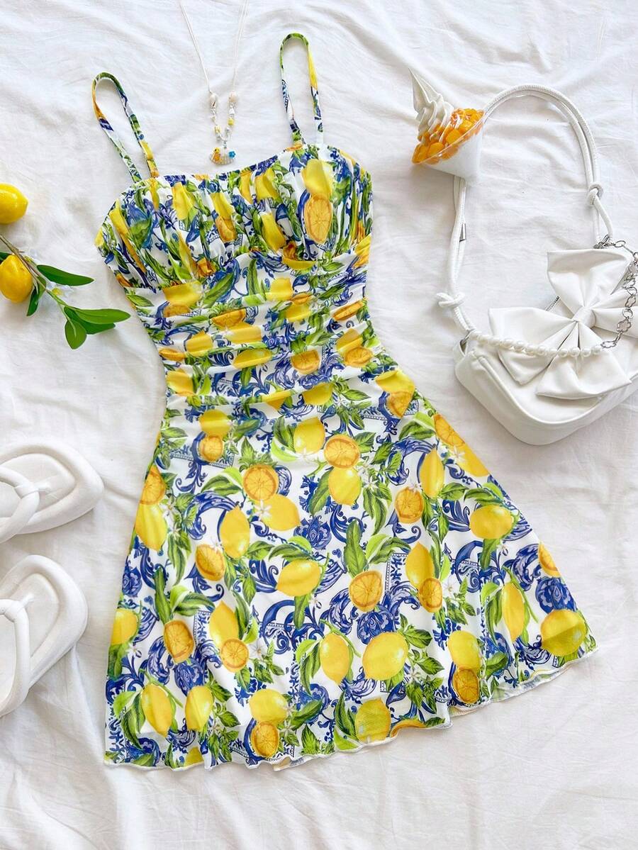 Soleia 女士夏季度假蓝白花卉网眼吊带裙秋季女士服装黄绿连衣裙春季彩色柠檬印花迷你连衣裙，生日连衣裙 - 彩色 - 查看 1