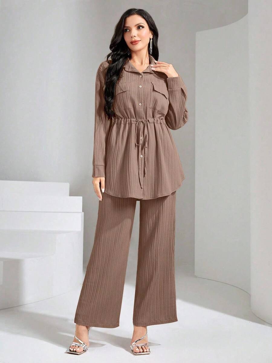 Mulvari 翻盖口袋抽绳腰衬衫和阔腿裤两件套 - 卡其色 - 查看 1