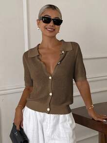 Livesso Women's Summer Polo Collar Short Sleeve Knit Top - Brown - View 4