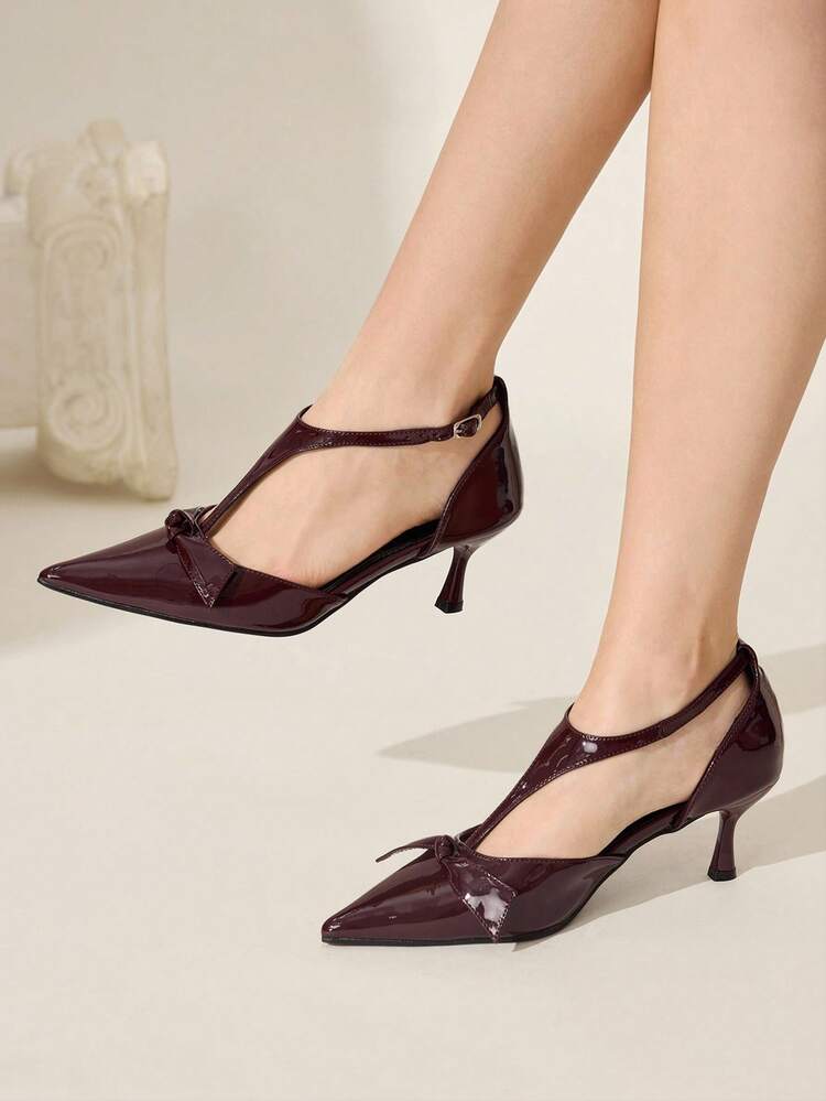 CUCCOO CHICEST Tacones altos de punta con lazo, zapatos de vestir elegantes de cuero patentado en color borgoña rojo, marrón chocolate, versátiles para usar en el trabajo, citas, ocasiones formales, Halloween, Navidad, Acción de Gracias, Año Nuevo, Día de San Valentín