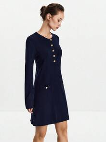 Lumivelle Women's Solid Color Round Neck Single-Breasted Casual Knit Sweater Dress Fall Winter Cloth For Women