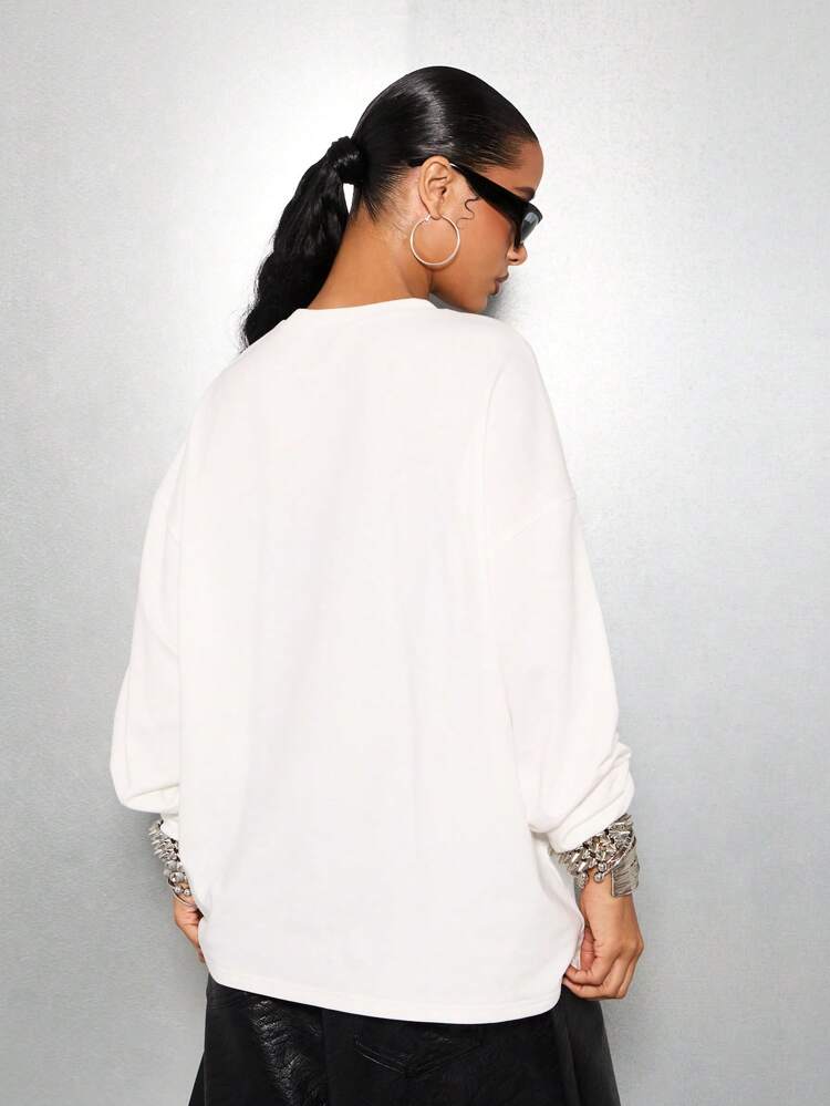 SUMWON WOMEN Oversized Long Sleeve Text Print Boyfriend Tee