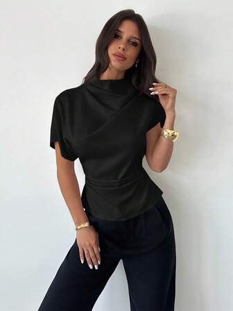 Firerie Crinkle Collar Asymmetrical Sleeve Side Ruched Cinched Waist Commuter Apricot Bamboo Fiber Fabric Women Shirt, All Season,Blusas Femininas Elegante