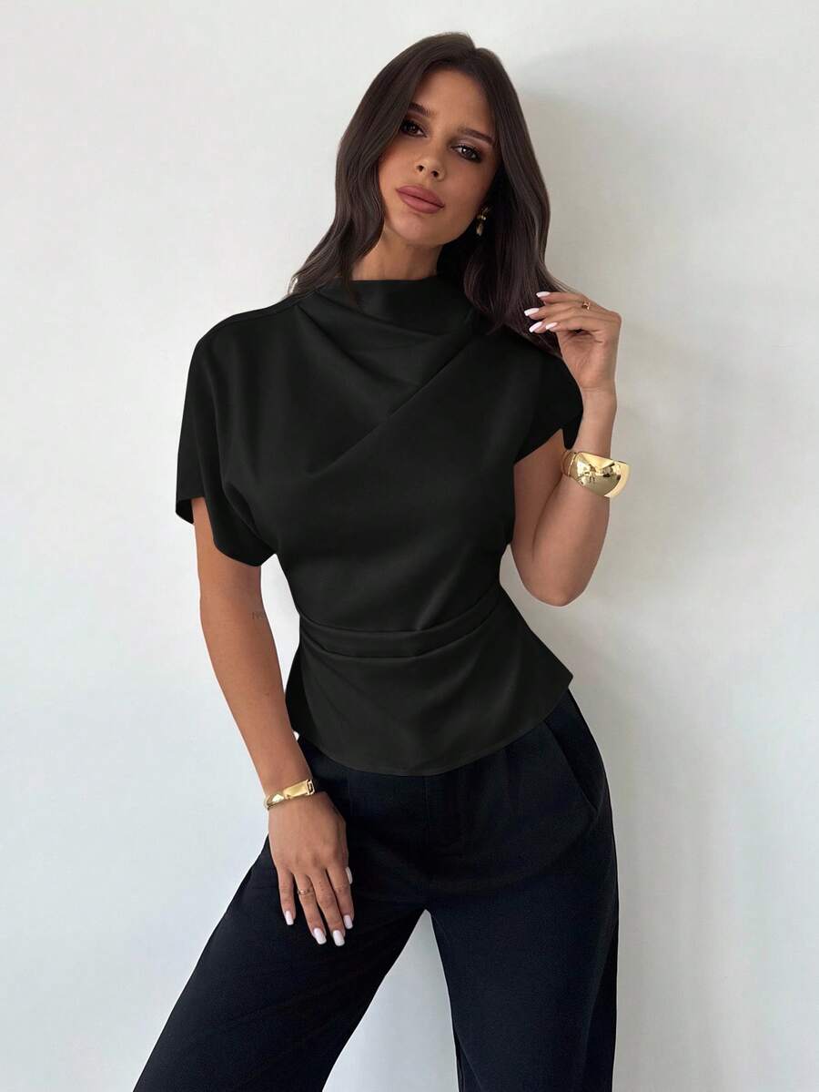 Firerie Crinkle Collar Asymmetrical Sleeve Side Ruched Cinched Waist Commuter Apricot Bamboo Fiber Fabric Women Shirt, All Season - Black - View 1