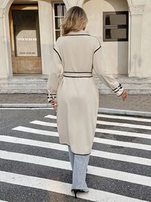 SHEIN Frenchy Women's Contrast Trim Drop Shoulder Double Breasted Fashion Trench Coat In Fall/Winter Casual - Apricot - View 2