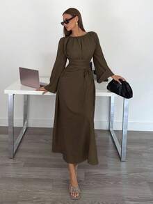 Siren Gaze Women's Brown Round Neck Bell Sleeve Waist Tie Elegant Dress, Back To School Outfit, Country Concert Outfit, Business Casual Women's Outfit, Women's Teacher Outfit, Women's Date Night Outfit, Birthday Outfit, Women's Brunch Outfit, Western Outfit, Business Casual Women's Outfit Siren Gaze New Women's Fashion Striped Ruched Waist Dress Brown Dress Winter Party Chic Evening Dress Spring - Volcanic Gray - View 4