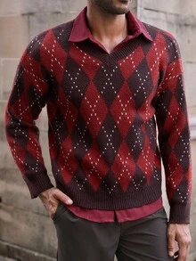 Manfinity NXTstreet Suéter holgado casual de hombre con cuello en V de jacquard de rombos, manga larga, suéter superior, camisa burdeos para hombre, camisas de punto para hombre, suéter de argyle de hombre con patrón de diamantes, otoño e invierno - Rojo - Ver 3