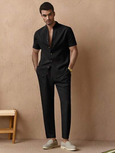 HIMLAND 2pcs Men's Casual Woven Solid Color Slim Fit Regular Shoulder Short Sleeve Shirt And Mid-Waist Tapered Leg Long Pants, Suitable For Daily Wear