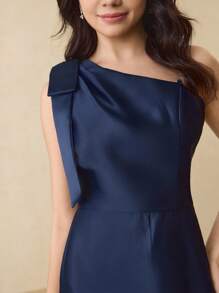 少女斜肩束腰蝴蝶结优雅派对、婚礼、万圣节、圣诞节连衣裙 - 藍色 - 查看 7