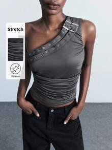 Maija Women's Dark Grey Summer Boyish Night One Shoulder Top,Adjustable Buckle Design Ruched Sleeveless Blouse, Y2k Concert Date Night Top - Grey - View 1