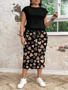 SHEIN LUNE Casual Loose Fitting Contrast Color Heart Print 2pcs Outfit, Comfy Streetwear For Plus Size Women, Suitable For Autumn/Winter,Summer Outfits For Women