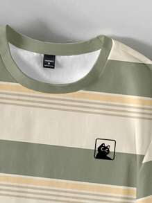 Manfinity Joysei 男士休闲条纹T恤，带有有趣的猫咪图案，百搭，适合夏季，是送给朋友的绝佳礼物 - 黃色 - 查看 3