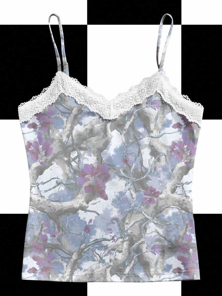BiGraphic Y2K Lace Trim Floral Print Camisole Top, Streetwear Party Evening Wear Lace Tank Floral Tank Flower Top Lacy Top - White - View 1
