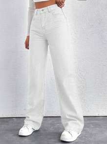 SHEIN Cottnline Solid Color Pocket Casual Versatile Wide Leg Jeans Day Time Blue Summer - White - View 5