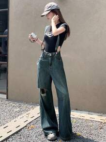 DAZY 女式高腰破洞牛仔背带裤，宽松老爹牛仔裤，窄腿阔腿长裤 - 深色水洗藍 - 查看 8
