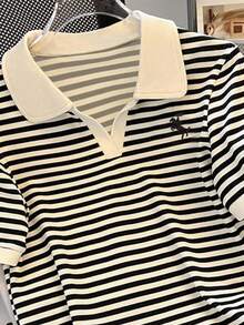 INAWLY Women's Summer Casual Striped Polo Collar Short Sleeve T-Shirt