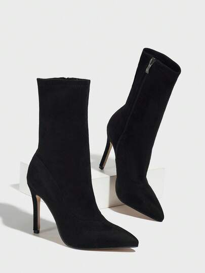 CUCCOO SZL Women's Pointed Toe Elastic Slim Stiletto High Heel Side Zipper Patent Leather Sexy Skinny Shiny Short Boots For Christmas Valentine's Day