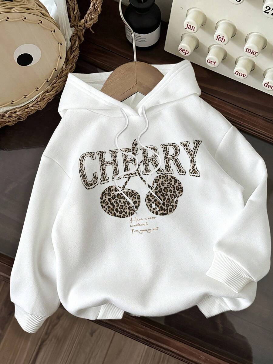 SHEIN EZwear Casual Minimalist Leopard & Cherry Print Hooded Loose Fit Thick Sweatshirt For Women, Autumn/Winter Cute Cherry Sweatshirt Girls Cherry Hoodie White Hoodie,Fall Clothes For Women Hoodies For Girls Leopard Print Hoodie Cute Hoodie Cherry Clothes Cherry Hoodies Cute Hoodies