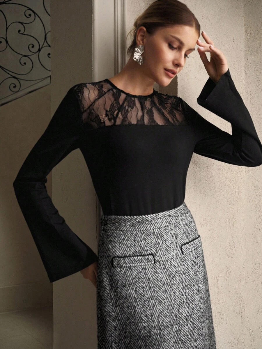 ZEYLAH Women's Round Neck Contrast Lace Flare Sleeve Elegant Blouse - Black - View 1