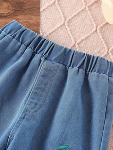 SHEIN Playful Pals 2件組少女時尚可愛櫻桃刺繡長袖T恤與水洗牛仔褲套裝，適合休閒、上學、度假、秋季 - 紫色 - 查看 7