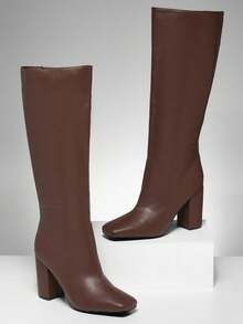 SHUZIA Modische und bequeme Damen Kniehohe Stiefel mit seitlichem Reißverschluss und Plateauabsatz - Braun - Übersicht 2