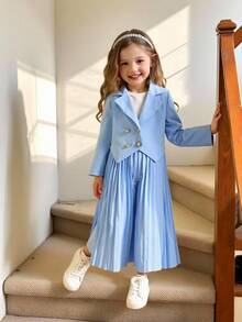 女童简约优雅西装外套，不对称下摆和高腰褶皱长裤套装，适合返校季穿着 - 藍色 - 查看 1