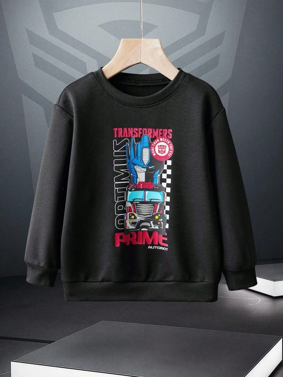 Transformers X SHEIN 小男孩休闲日常卡通机器人与字母图案落肩宽松套头衫，秋季/春季