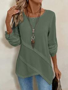 EMERY ROSE Women's Round Neck Asymmetrical Hem White Blouse - Green - View 7
