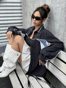 SHEIN ICON Women's White Contrast Color Line Sports Retro Element Blokecore Split Design Oversized Long Sleeve Jacket, Comfortable, Avant-Garde, Casual, Loose, Drop Shoulder, Mesh Lining, Sporty In Fall/Winter - Multicolor - View 6