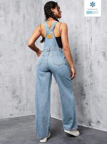 SHEIN ICON Coolmax女款時尚簡約寬鬆寬腿牛仔背帶褲 - 淺色水洗藍 - 查看 2