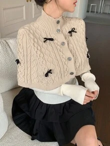DAZY 女士秋冬花卉格子图案蝴蝶结装饰高领套头衫 针织套头衫 - 杏色 - 查看 5