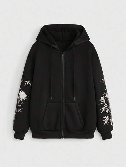 ROMWE Avant sweat-shirt à capuche zippé avec cordon de serrage, style de rue à manches longues, avec broderie de style chinois représentant un tigre, des fleurs et du bambou