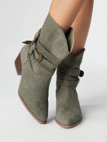 Fairycore Botas de tobillo con tacón grueso y punta afilada, de moda para el otoño 2025, de material con hebilla y cremallera lateral para mujeres