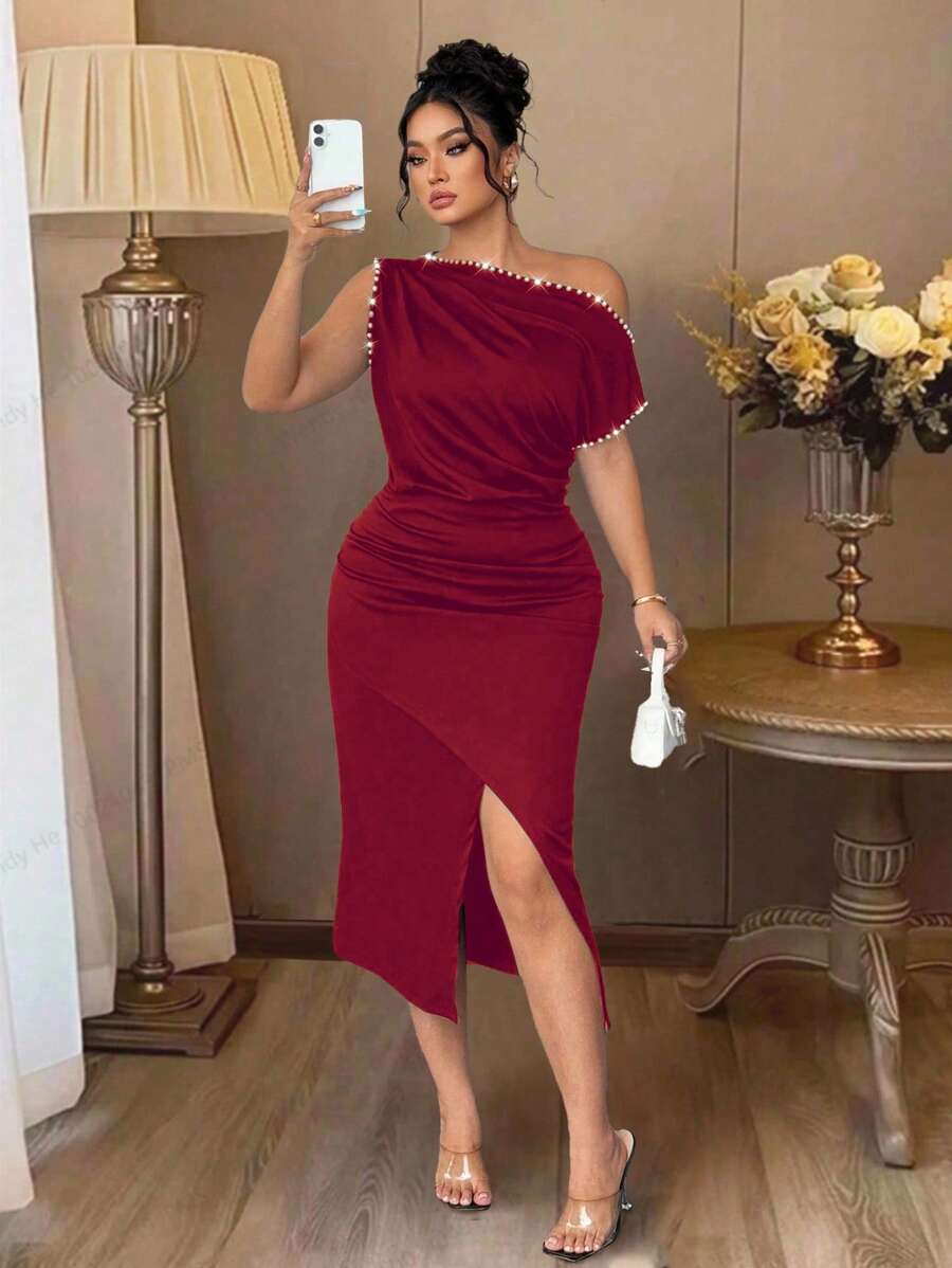 SHEIN Clasi Elegant Summer Vacation Dress For Plus-Size Ladies - Burgundy - View 1