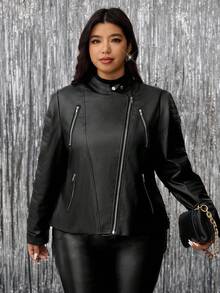 Gownix 大码女式休闲黑色拉链长袖PU皮夹克，带内衬和口袋，黑色纯色长袖拉链领摩托车夹克，保暖，带多功能口袋，适合秋季穿着，带内衬和口袋，2025新款复古风，适合外出、办公室穿着，优雅时尚，秋季，办公室，老钱风格 - 黑色 - 查看 5