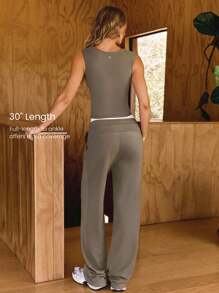 GLOWMODE 莫代尔罗纹直筒裤内置可调节抽绳腰运动裤带侧袋休闲日常穿着 - 棕色 - 查看 3