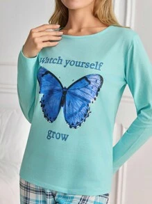 EURMUSE Conjunto de pijama de manga comprida com estampa de borboleta e xadrez da Cottnline